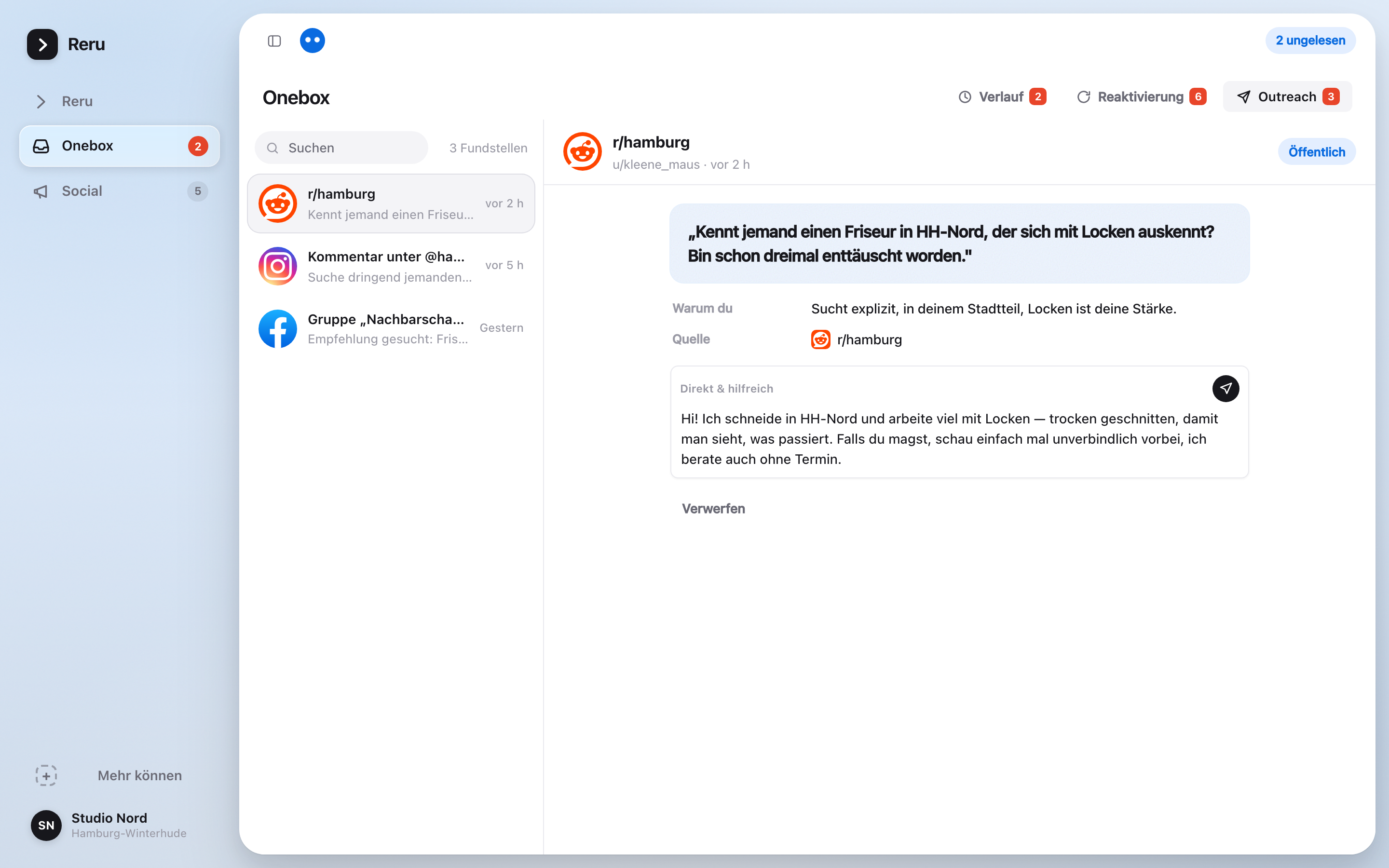 RERU Outreach: öffentliche Anfragen gefunden, Antwort schon entworfen.